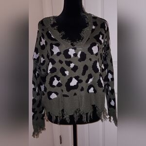 Polly & Esther Olive and Black Leopard V-Neck Sweater